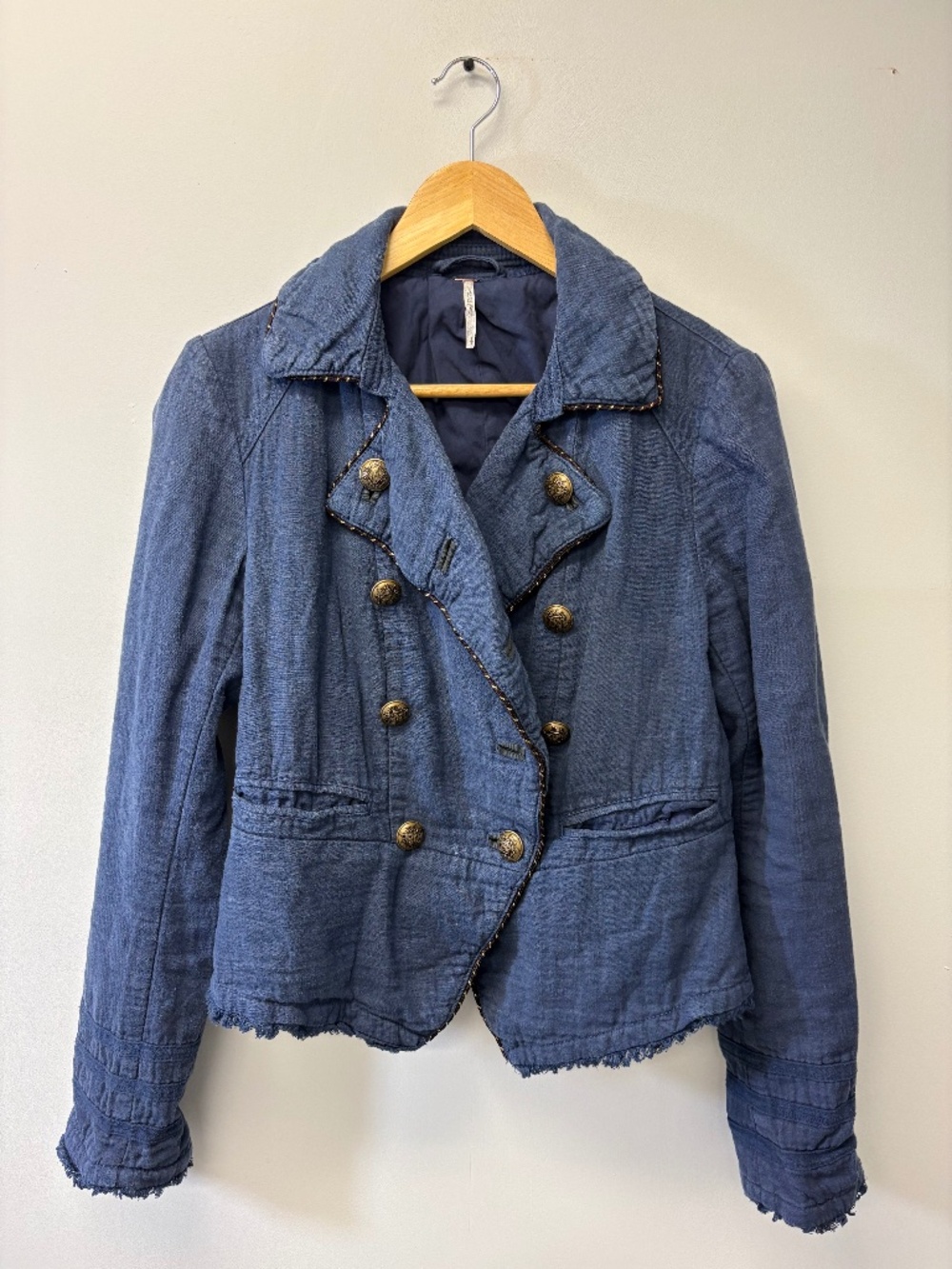 Free People Night Sky Linen Cadet Jacket Distressed Brass Button Blazer Sz S